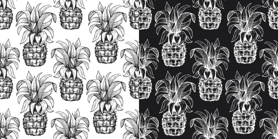 Pineapple seamless pattern. Hand drawn vector tropical fruit illustration. En Stock Illustration
