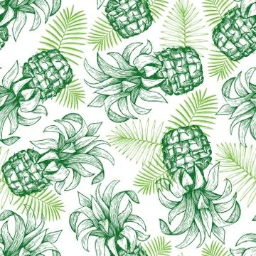 Pineapple seamless pattern. Hand drawn vector tropical fruit illustration. En Stock Illustration