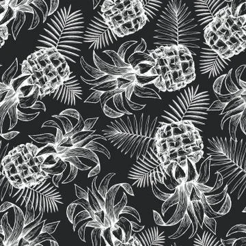 Pineapple seamless pattern. Hand drawn vector tropical fruit illustration on  Stock Illustration