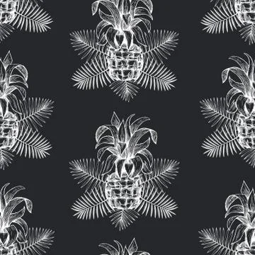 Pineapple seamless pattern. Hand drawn vector tropical fruit illustration on  Illustrazione stock