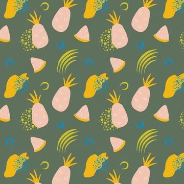 Pineapple seamless pattern in hand-drawn style. Bring vector illustration. Ve Stock Illustration