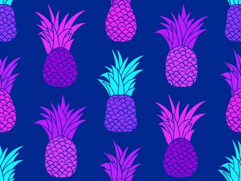 Pineapple seamless pattern. Purple pineapples 80s style. Summer fruit backg.. Stock Illustration