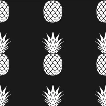 Pineapple seamless pattern. White tropical fruits textile texture on black Stock Illustration