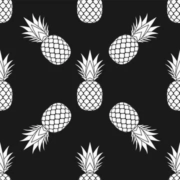 Pineapple seamless pattern. White tropical fruits textile texture on black Stock Illustration