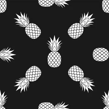 Pineapple seamless pattern. White tropical fruits textile texture on black Stock Illustration