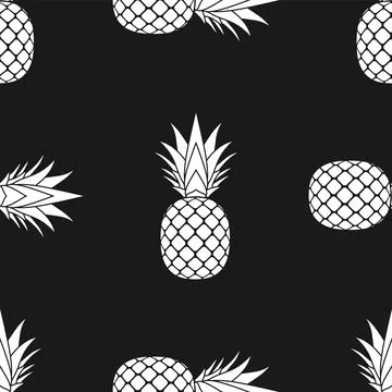 Pineapple seamless pattern. White tropical fruits textile texture on black Stock Illustration