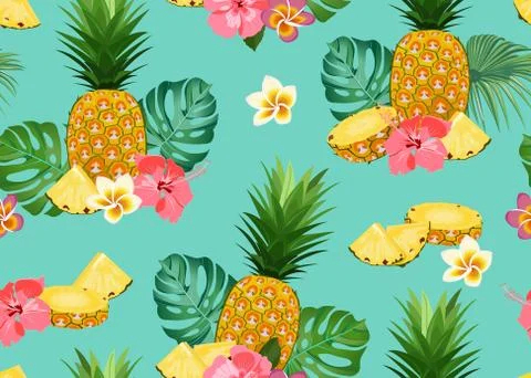 Pineapple seamless pattern whole and slice with tropical flower and leaves on Stock Illustration