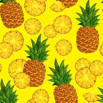 Pineapple seamless pattern on yellow background Stock Illustration