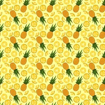 Pineapple seamless pattern on yellow background. Stock Illustration