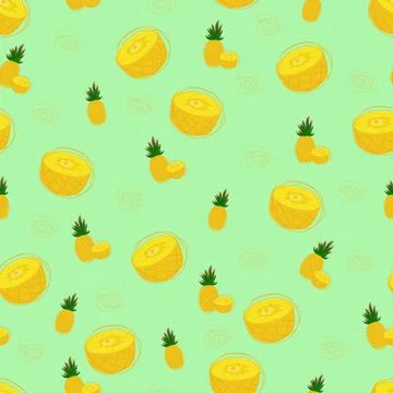 Pineapple set and pattern. Whole pineapple and half isolated on white background イラスト素材