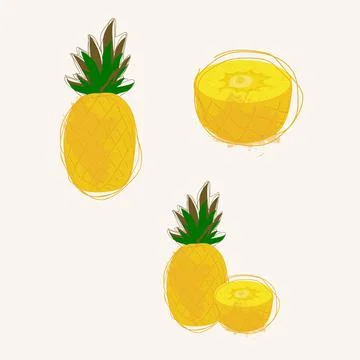 Pineapple set. Whole pineapple and half isolated on white background. Stock Illustration