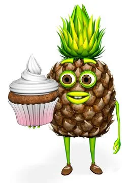 Pineapple Shows Cupcake 3d Render Stock Illustration