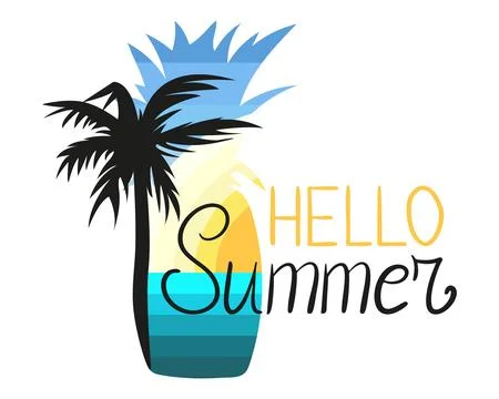 Pineapple Silhouette with Palm, text Hello Summer. Sunset of blue yellow stripes Illustrazione stock