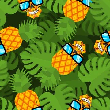 Pineapple skull pattern seamless. Skeleton head and tropical fruit background Illustrazione stock