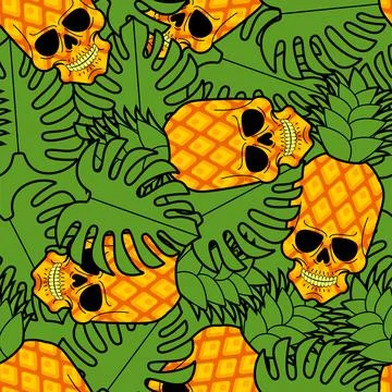 Pineapple skull pattern seamless. Skeleton head and tropical fruit background Stock Illustration