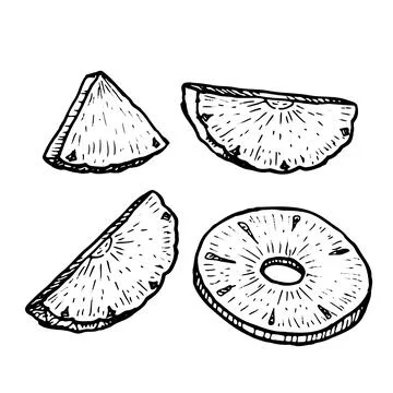 Pineapple slice set. Tropical ananas chunks and rings isolated, retro food Stock Illustration