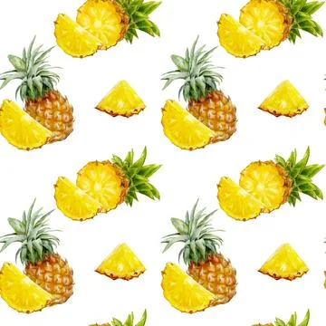 Pineapple Slices Seamless Pattern with Fresh Pineapples and Detailed Fruit Stock Illustration