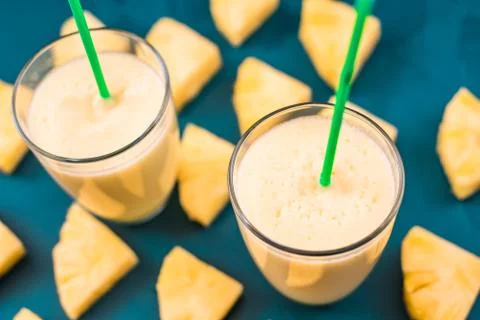 Pineapple smoothie top view 스톡 사진