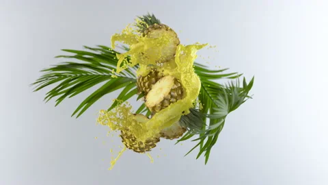 Pineapple splash palm branch Stock Footage 132797015