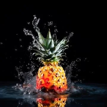 Pineapple in the splash of water on isolated black background. Stock Illustration