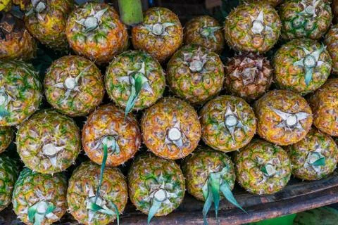 Pineapple stack at shop outdoor Stock Photos