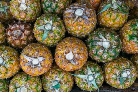 Pineapple stack at shop outdoor 写真素材