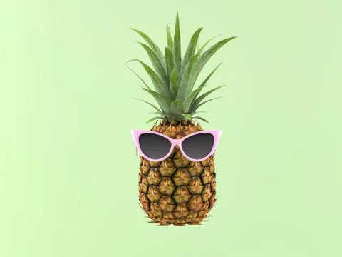 Pineapple with sunglasses on a green background. 3d rendering Illustrazione stock