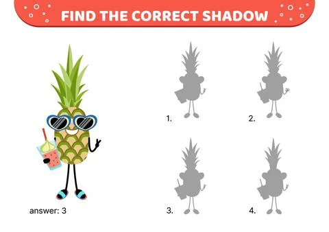 Pineapple in sunglasses on vacation. Find the correct shadow. Shadow matching Stock Illustration