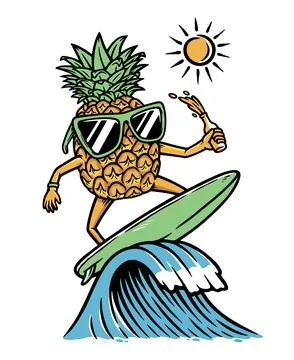 Pineapple is surfing in the sea Stock Illustration