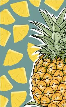 A pineapple is surrounded by slices of pineapple on blue colour wallpaper  Stock Illustration