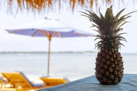 Pineapple on the table, beach dessert. Chilled fruit. Tonic food. Stock Photos