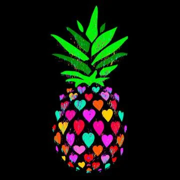 Pineapple vector illustration. Colorful pineapple in hearts on a black Illustrazione stock