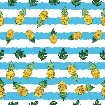 Pineapple vector seamless pattern design on blue stripes Stock Illustration