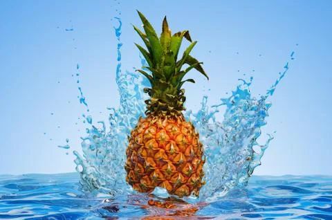 Pineapple with water splashes, 3D rendering 스톡 일러스트