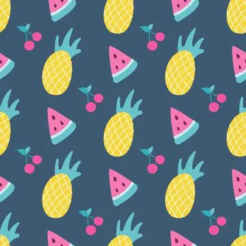 Pineapple, watermelon and cherry on dark background. Vector seamless pattern 스톡 일러스트