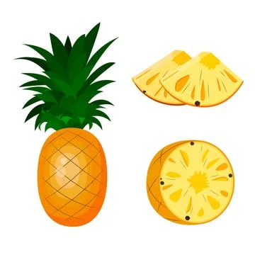 Pineapple, whole, half pineapple and pieces. vector isolated on white backg.. Stock Illustration