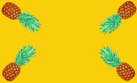 Pineapple on yellow background, exotic pattern, blank copy space for advert.. Stock Illustration