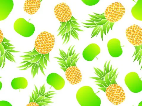 Pineapples and apples seamless pattern. Summer fruit mix with gradient appl.. Stock Illustration