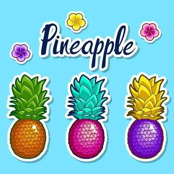 Pineapples and flowers. Set of bright stickers. Stock Illustration
