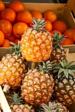 Pineapples and oranges Stock Photos
