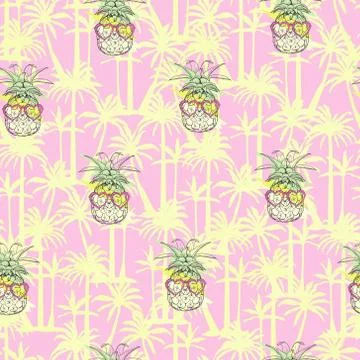 Pineapples background. Vector seamless pattern with tropical fruit. Black and Stock Illustration