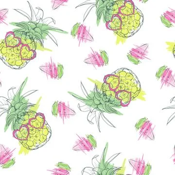 Pineapples background. Vector seamless pattern with tropical fruit. Black and Stock Illustration