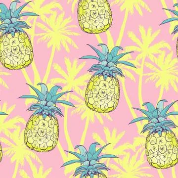 Pineapples background. Vector seamless pattern with tropical fruit. Black and Stock Illustration