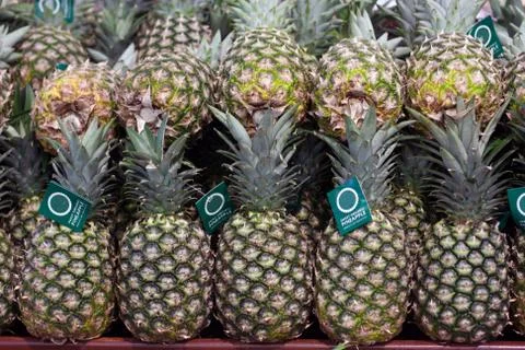 Pineapples on display in store Stock Photos