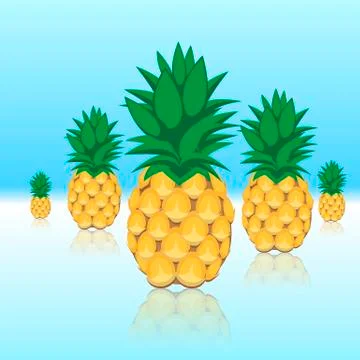 Pineapples fruit seamless pattern on aqua blue shiny reflective background Illustrazione stock