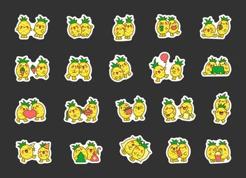 Pineapples with funny faces. Sticker Bookmark. Stock Illustration