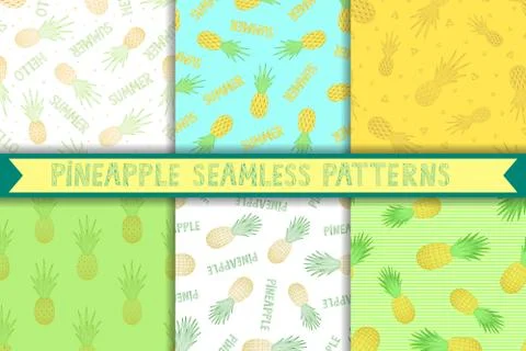 Pineapples seamless patterns set. Tropical vector fruits. Linear style. Stock Illustration