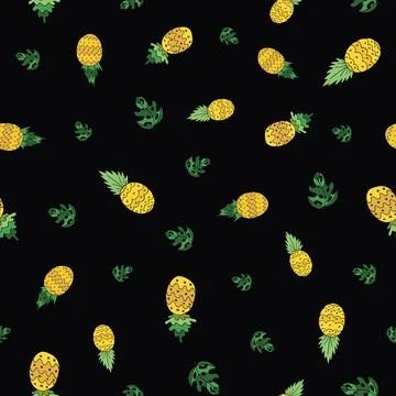 Pineapples seamless vector pattern on black background Stock Illustration
