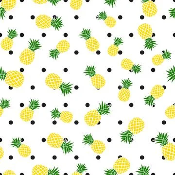 Pineapples small with black polka dots over white seamless pattern Stock Illustration