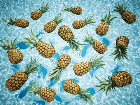 Pineapples swimming in a blue pool. 3d rendering Stock Illustration